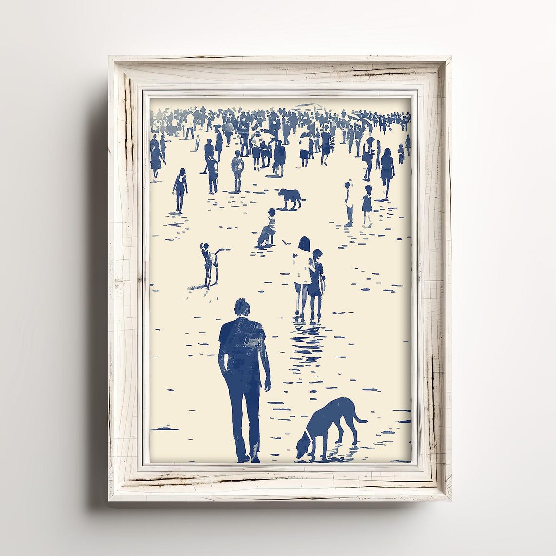 Sunny Dog Day On The Beach Navy Blue Crowd Scene Vintage Poster