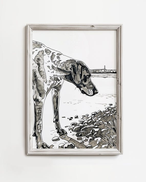 German Shorthair Looking Fall Dog Sketch Art Minimalist Lovers Print Autumn Season Wall Decor Dark Brown