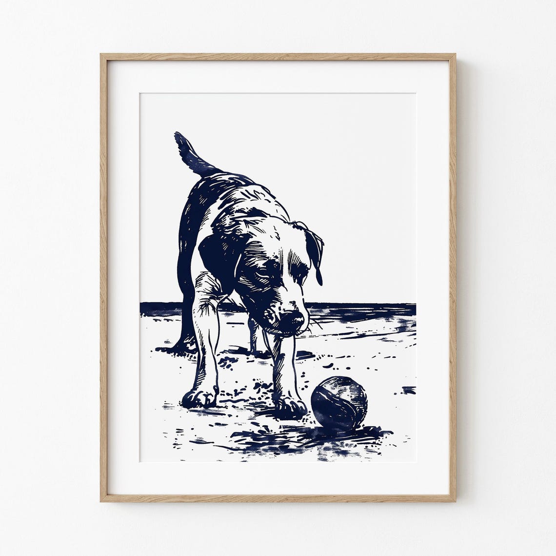 Playful Dog With Ball On Beach Navy Ink Illustration Art Poster
