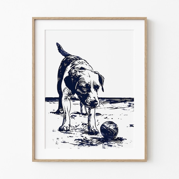 Playful Dog With Ball On Beach Navy Ink Illustration Art Poster