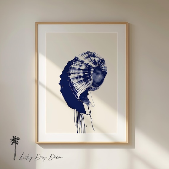 Navy Blue Seashell On Cream Coastal Minimalist Beach Art Poster