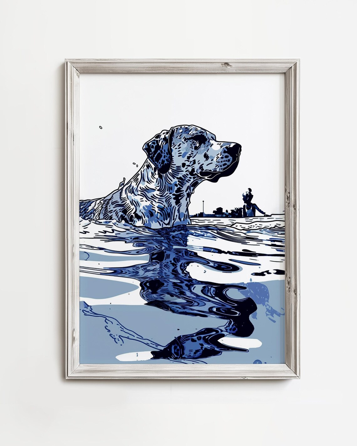 Spotted Swimming Dog Blue Monochrome Pop Art Canine Water Poster