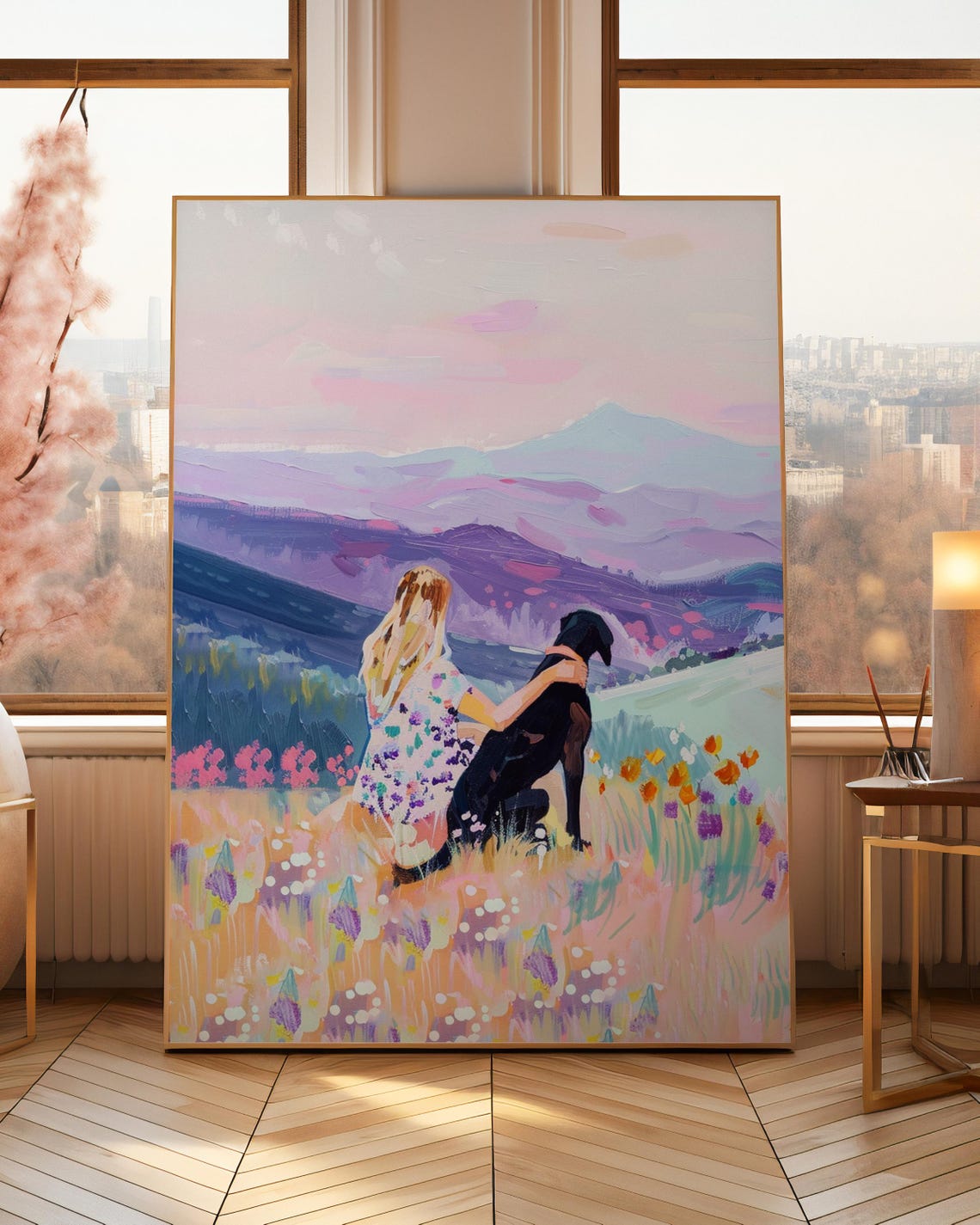 Girl And Great Dane Gazing At Purple Mountains Pastel Wall Art