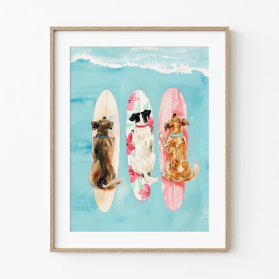 Three Surfing Dogs Aerial Ocean View Colorful Coastal Poster