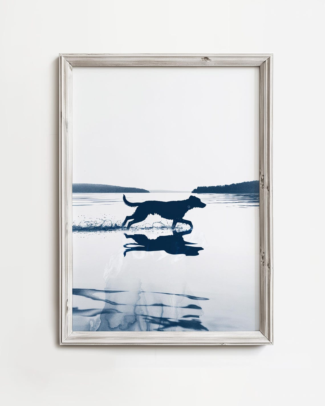 Dog Running Through Water Blue Silhouette Minimalist Art Poster
