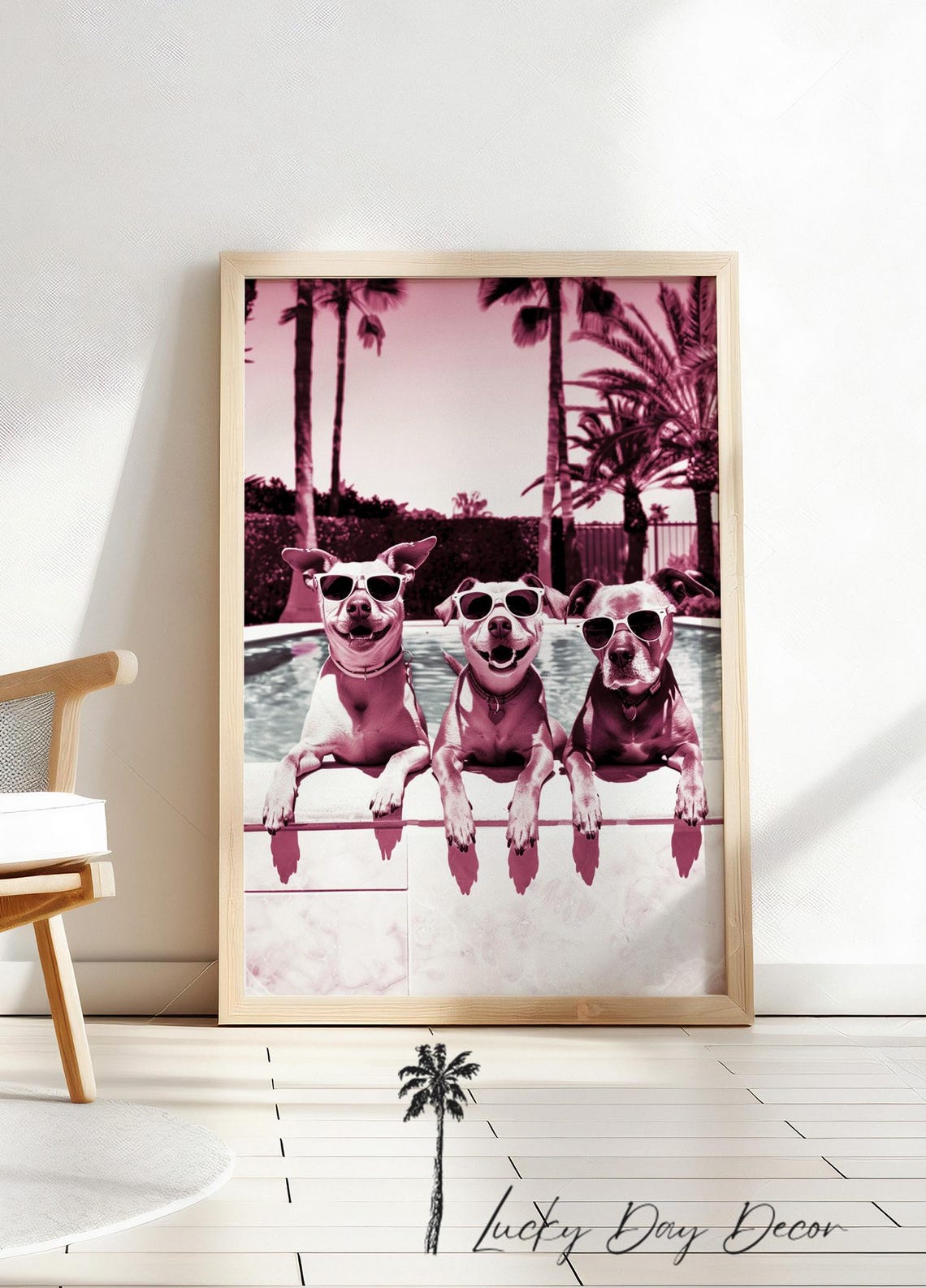 Three Dogs Sunglasses Poolside Pink Monochrome Funny Dog Pool Poster