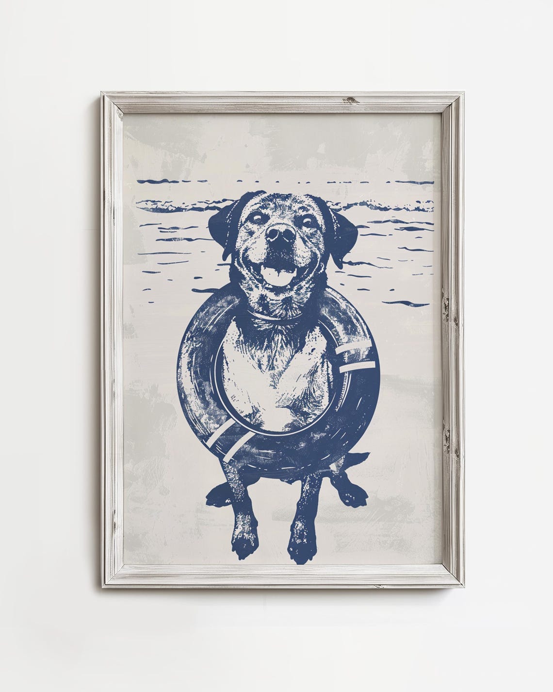 Happy Lab Swimming With Life Ring Navy Coastal Beach Art Poster
