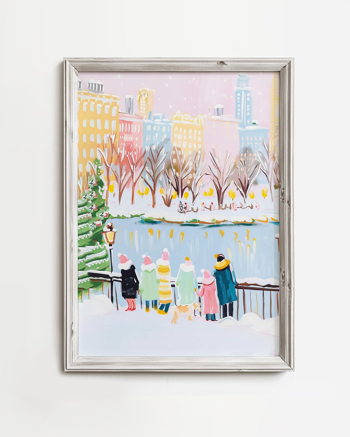 Snowy City Park Pastel Winter Scene Families Frozen Pond Poster