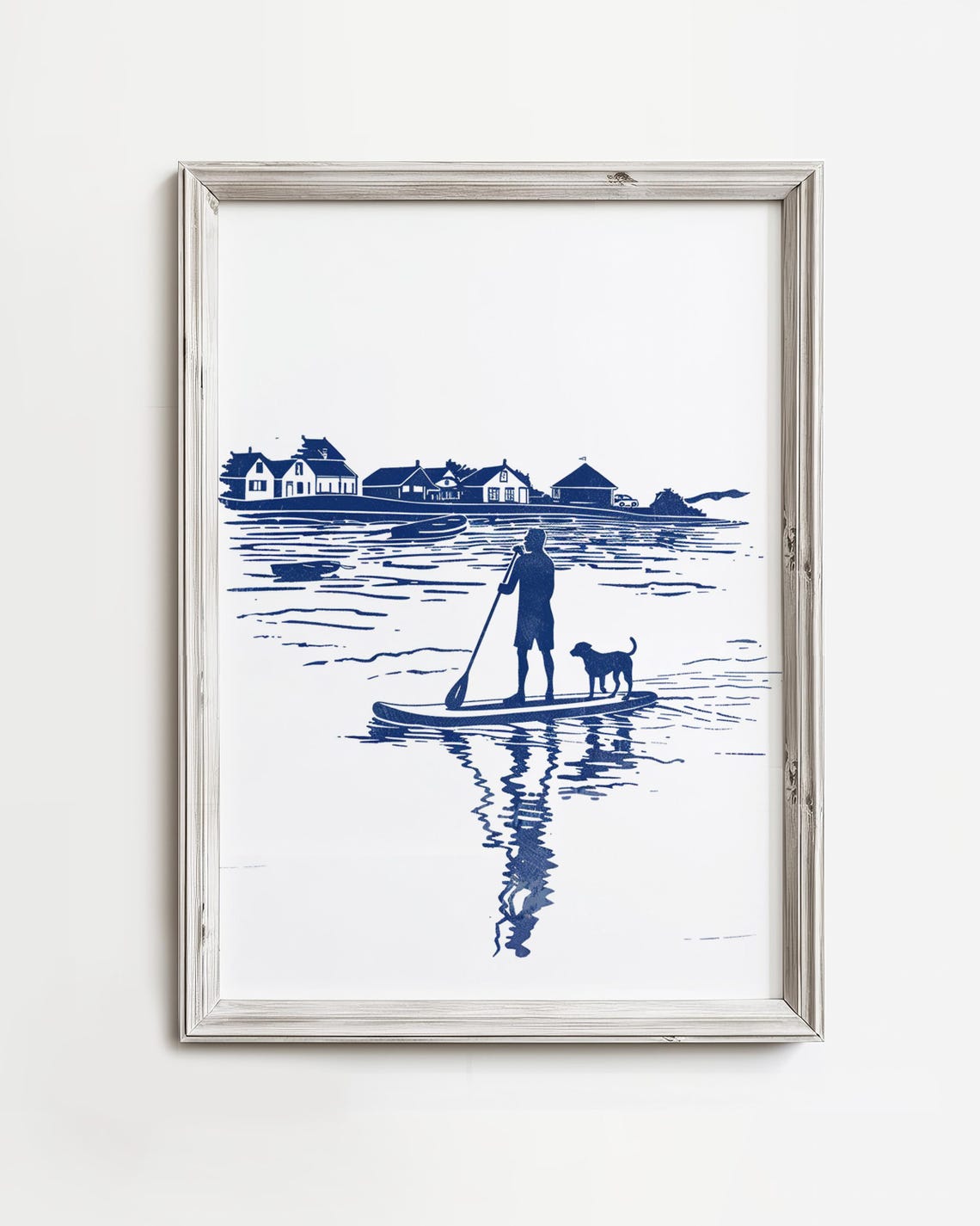 Paddleboard Man Dog Blue Monochrome Coastal Harbor Water Scene Poster