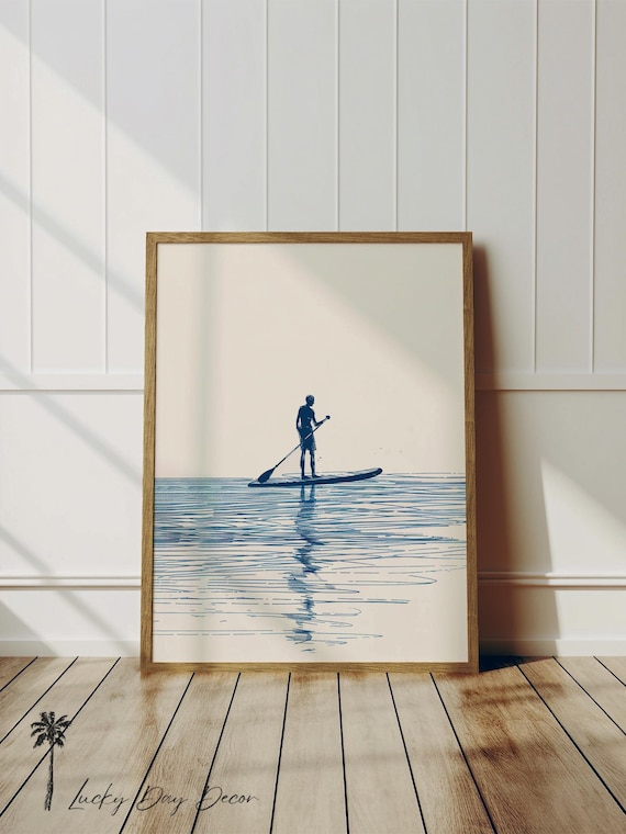 Paddleboarder Silhouette Navy Minimalist Coastal Ocean Art Poster