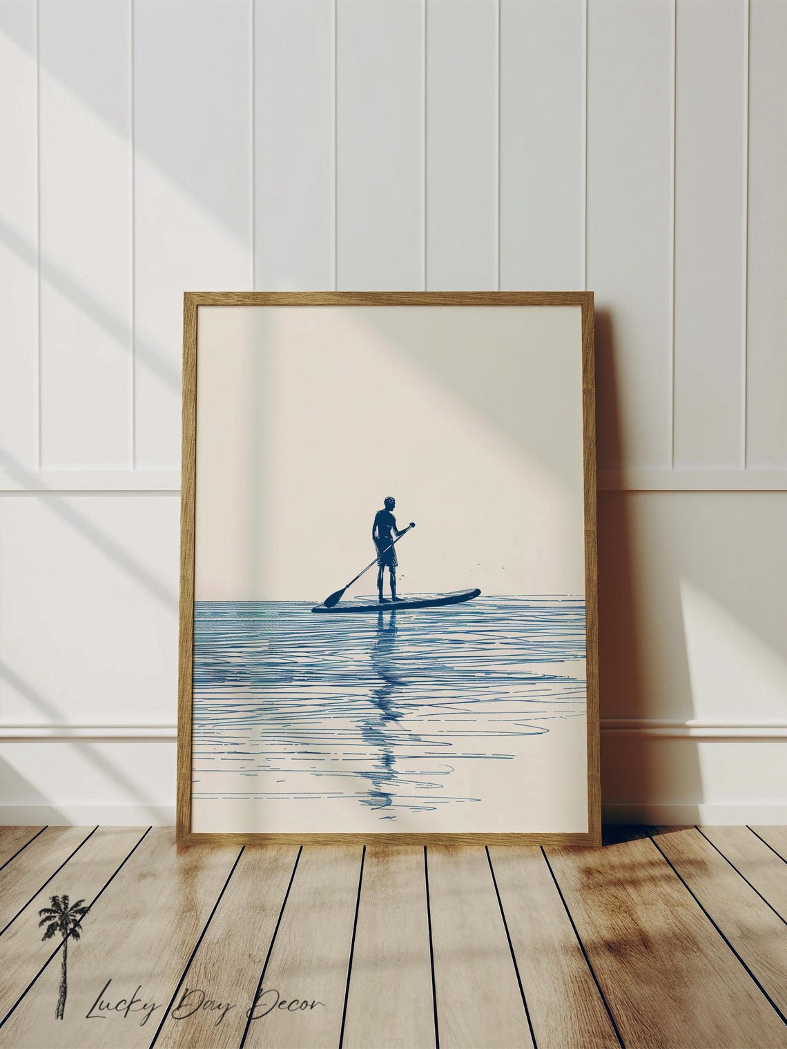 Paddleboarder Silhouette Navy Minimalist Coastal Ocean Art Poster