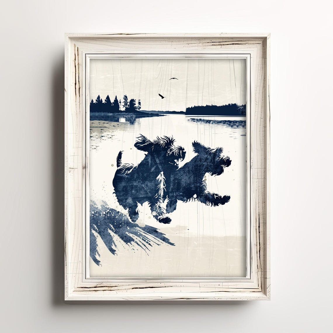 Scottish Terriers Lake Play Day Navy Ink Coastal Dog Art Poster