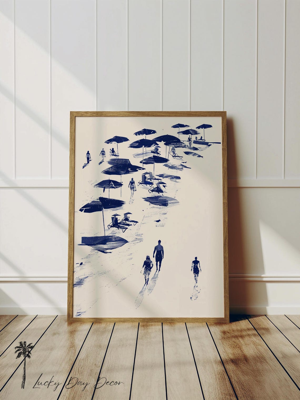 Beach Umbrellas Navy Ink Minimal Coastal Illustration Art Poster
