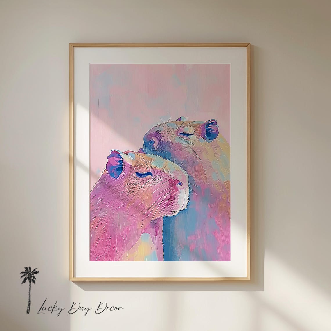 Happy Capybaras Cuddling Pastel Pink Whimsical Animal Art Poster