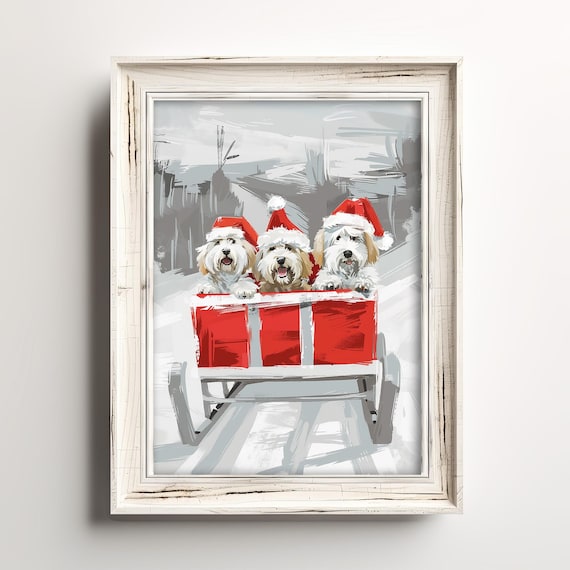 Three Dogs Santa Hats Red Sleigh Snowy Christmas Doodle Poster