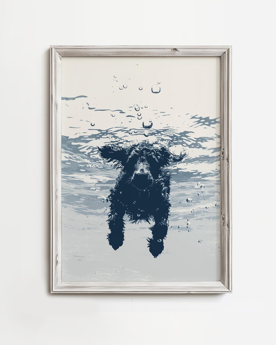 Black Doodle Dog Swimming Underwater in Navy and White Minimalist Poster