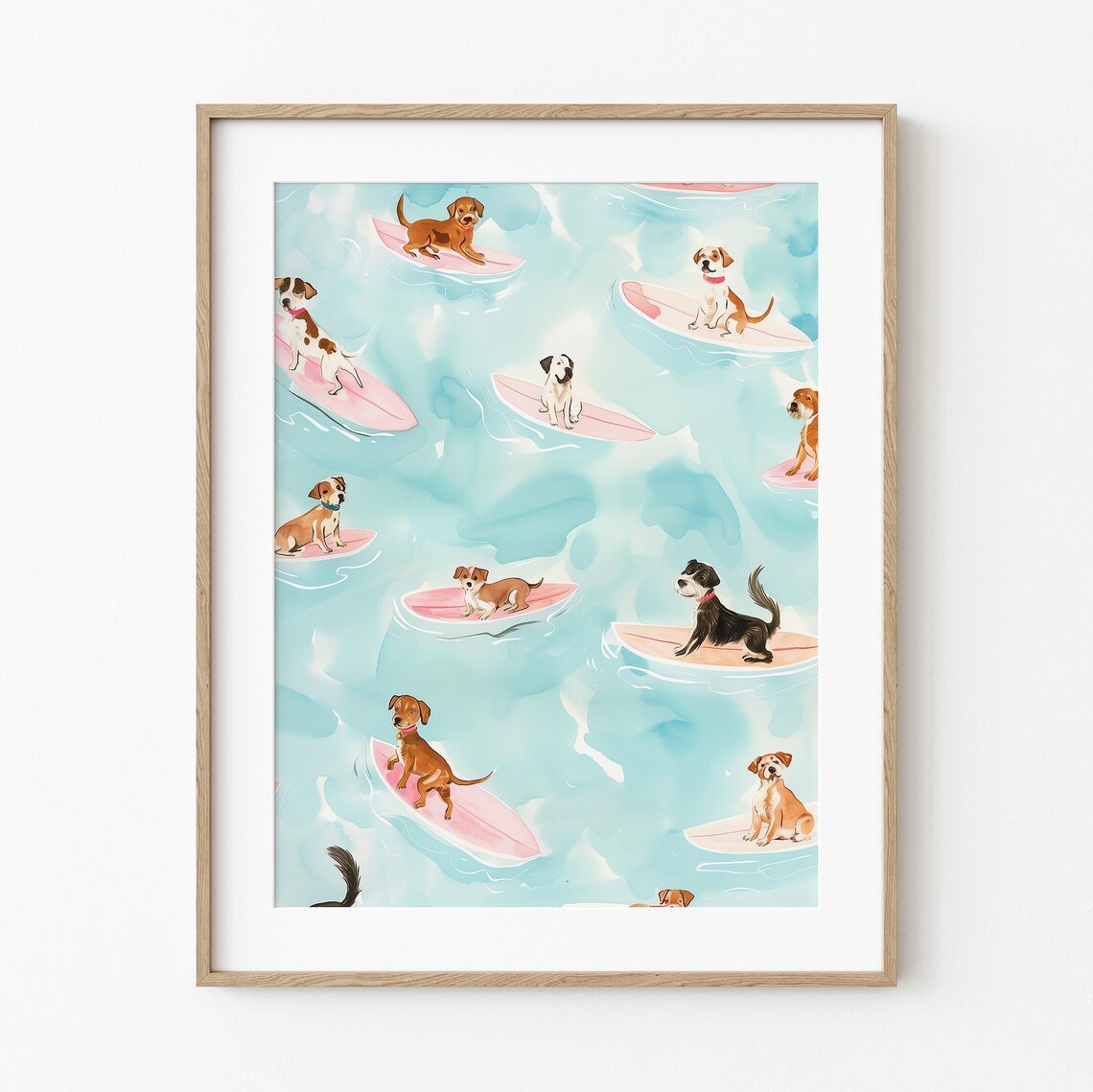 Dogs Surfing On Pink Surfboards Poster Whimsical Coastal Watercolor