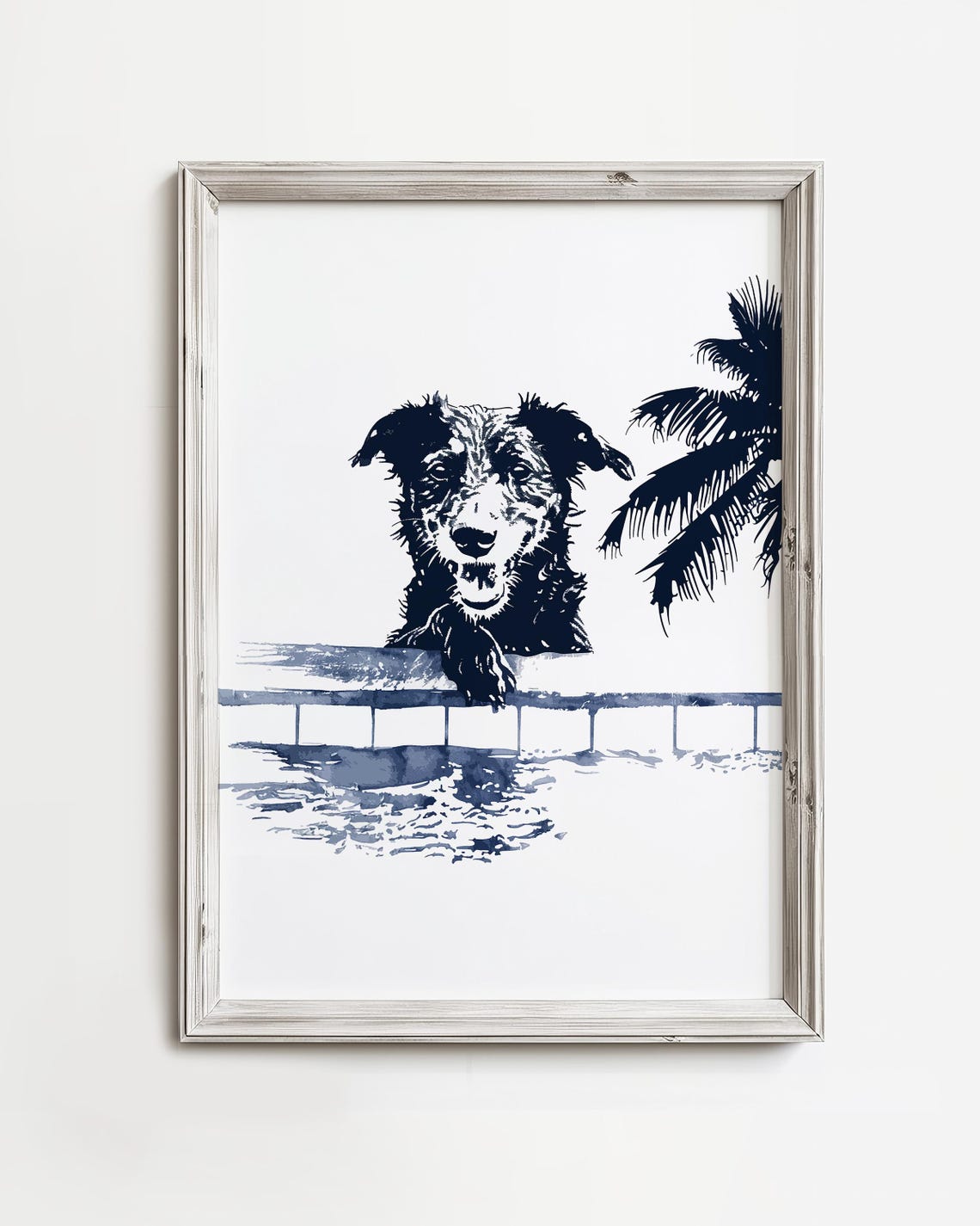 Happy Wet Dog At Pool Edge Palm Tree Navy Blue Ink Sketch Poster