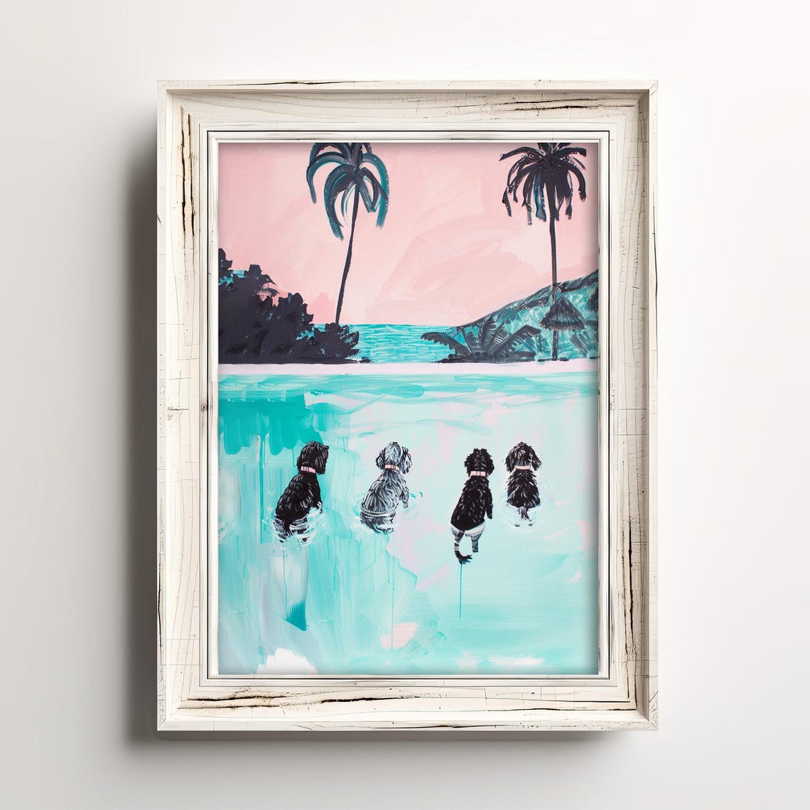 Four Doodle Dogs Swimming Beach Pastel Pink Teal Whimsical Dog Poster