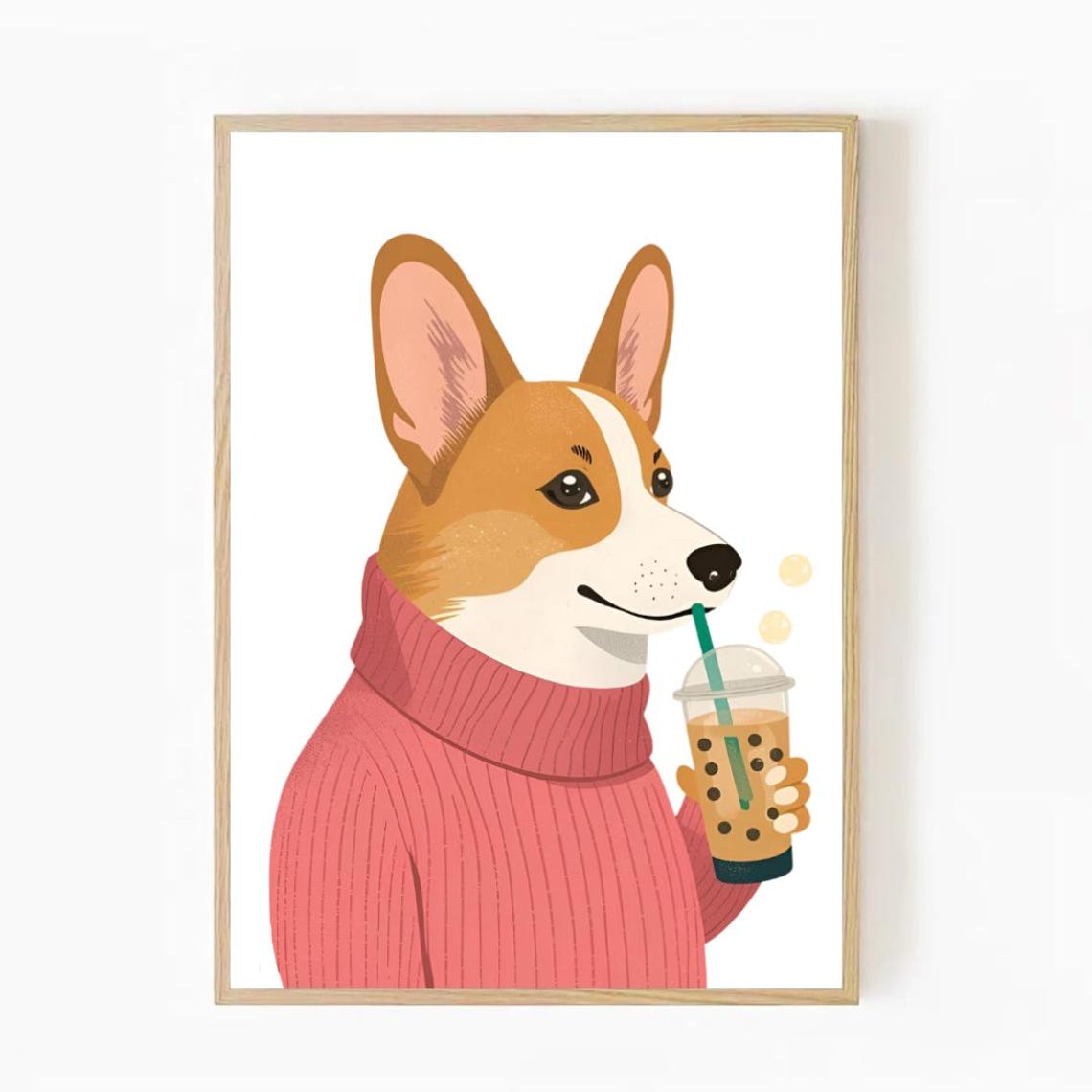 Corgi In Pink Sweater Drinking Bubble Tea Cute Pet Wall Poster