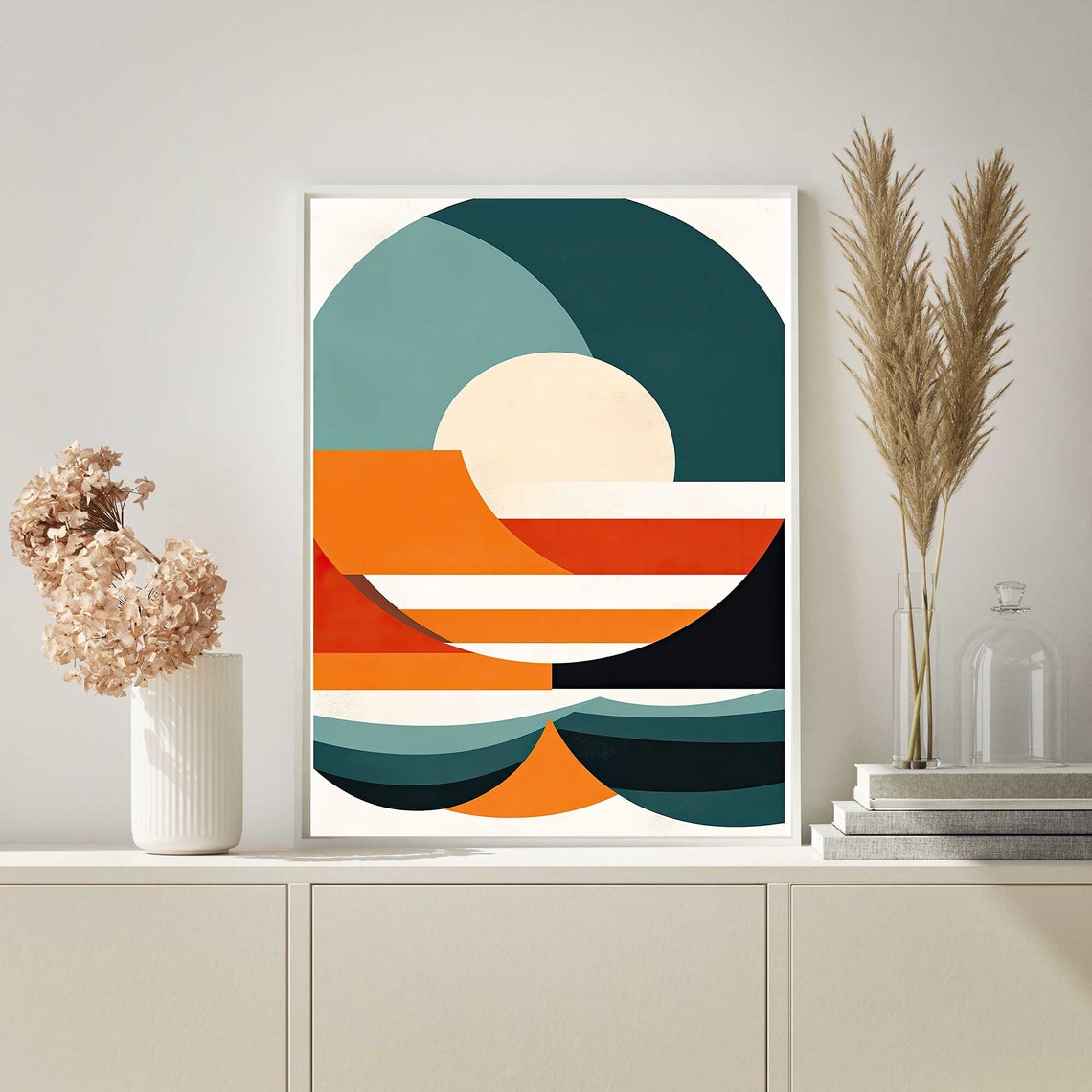 Mid Century Modern Ocean Sunset Abstract Geometric Waves Poster - Image 2