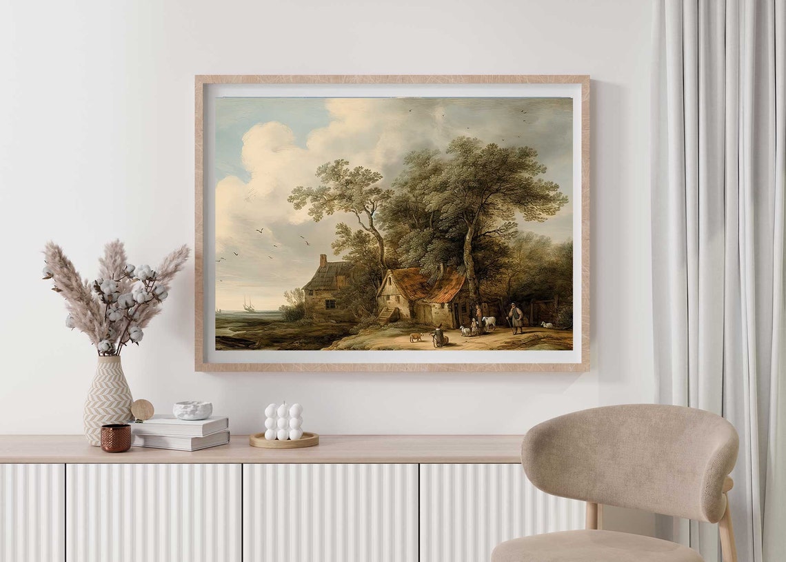 Antique Dutch Countryside Cottages by Water Landscape Oil Poster - Image 2