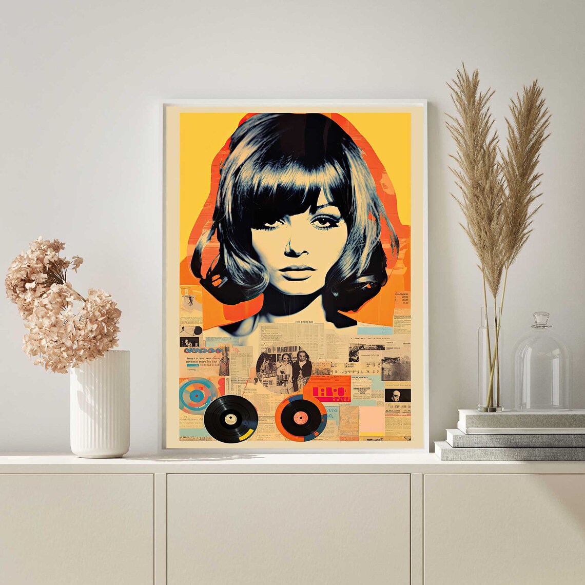 Retro Music Pop Art Woman Portrait With Vinyl Records Collage Poster - Image 2