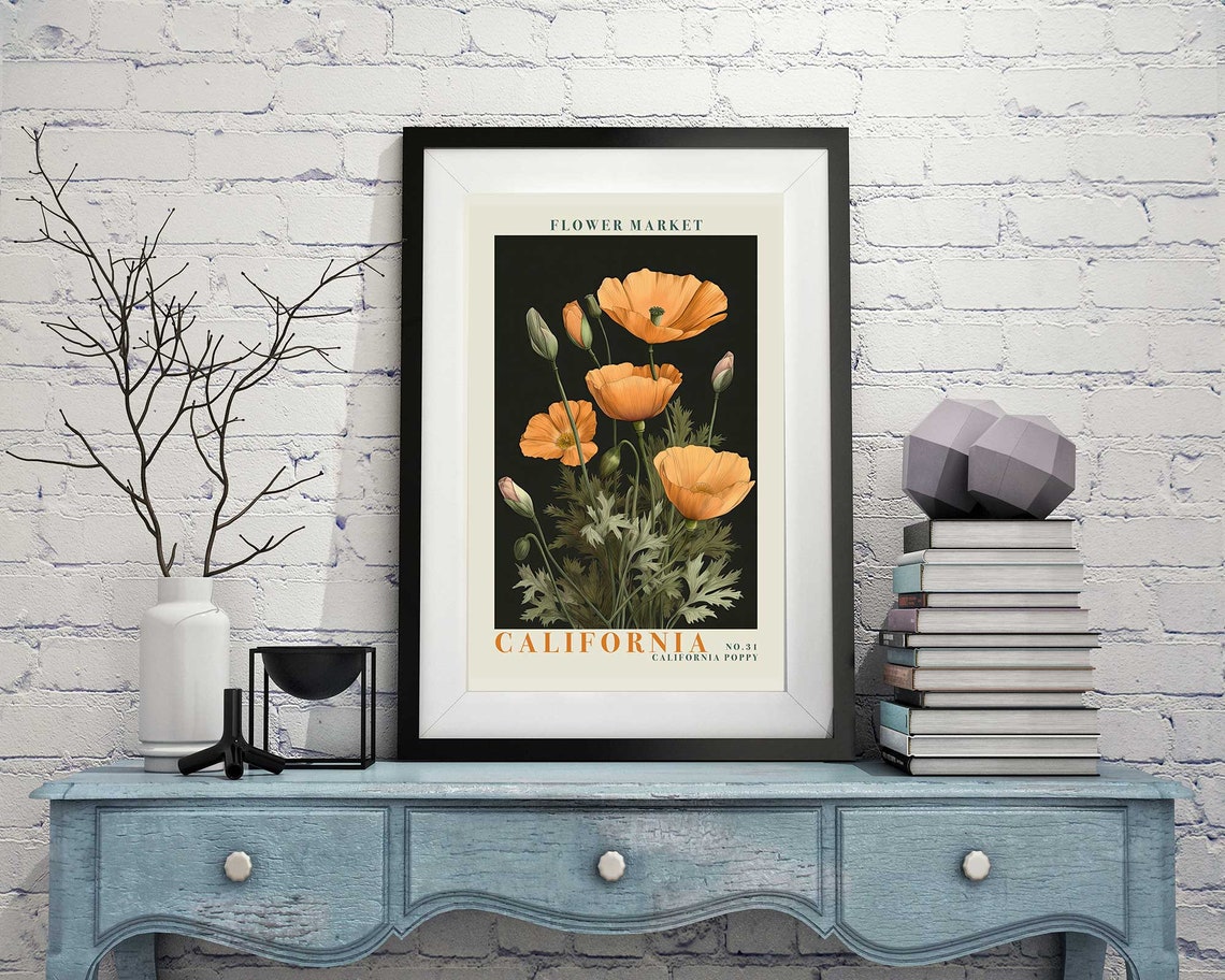 California Poppy Orange Blossoms on Black Botanical Flower Poster - Image 4