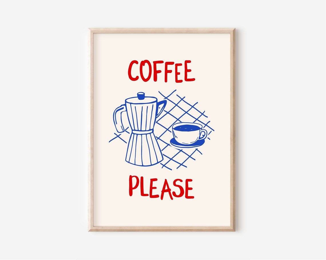 Coffee Please Red Blue Retro Moka Pot Espresso Cup Art Poster - Image 2
