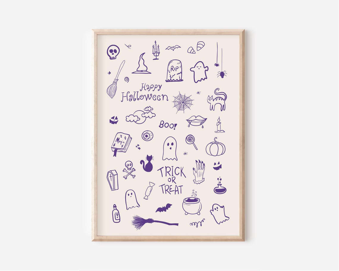 Purple Happy Halloween Doodle Poster with Ghosts Cats and Bats - Image 2