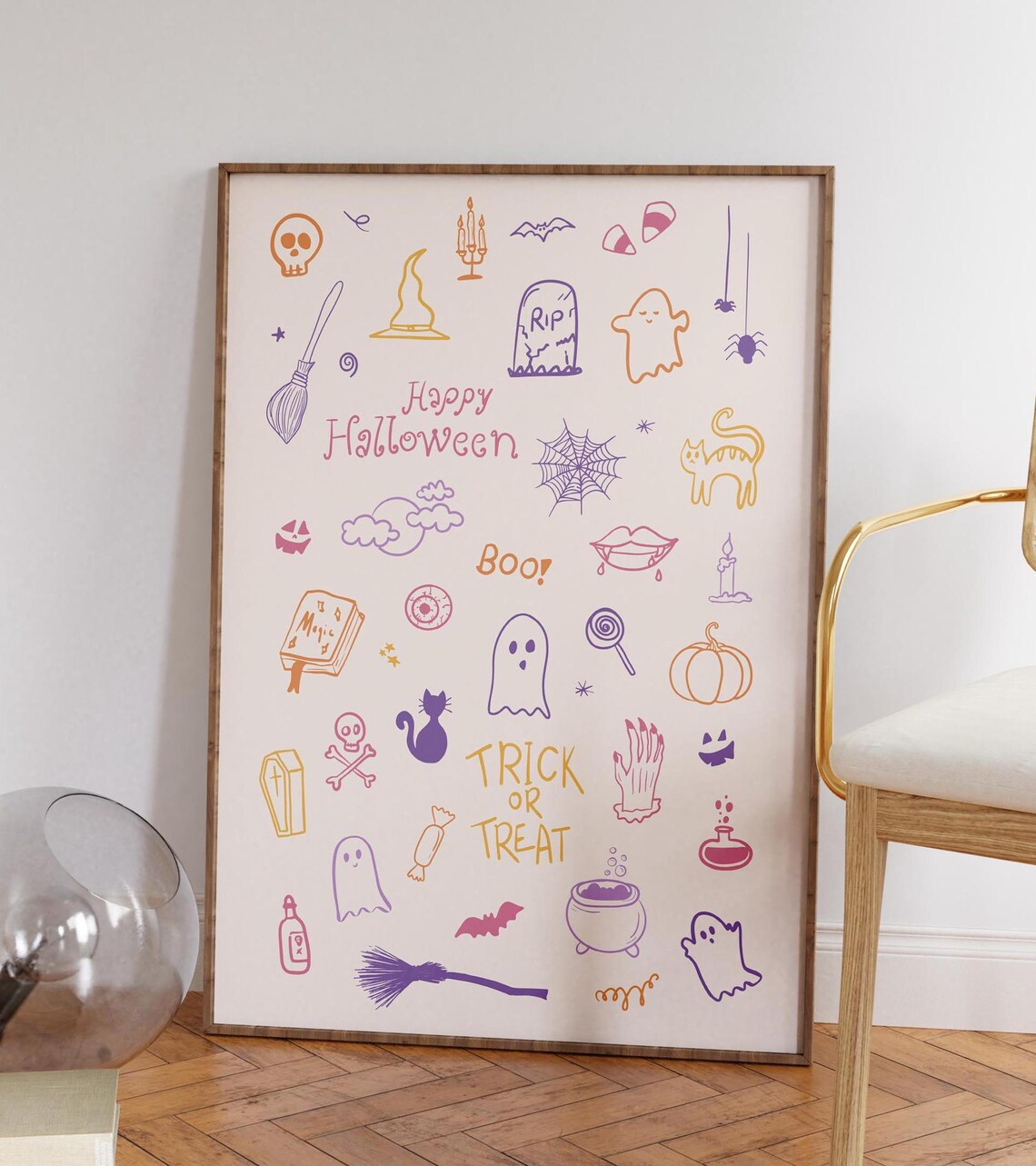 Pastel Happy Halloween Doodle Poster with Colorful Spooky Icons - Image 3