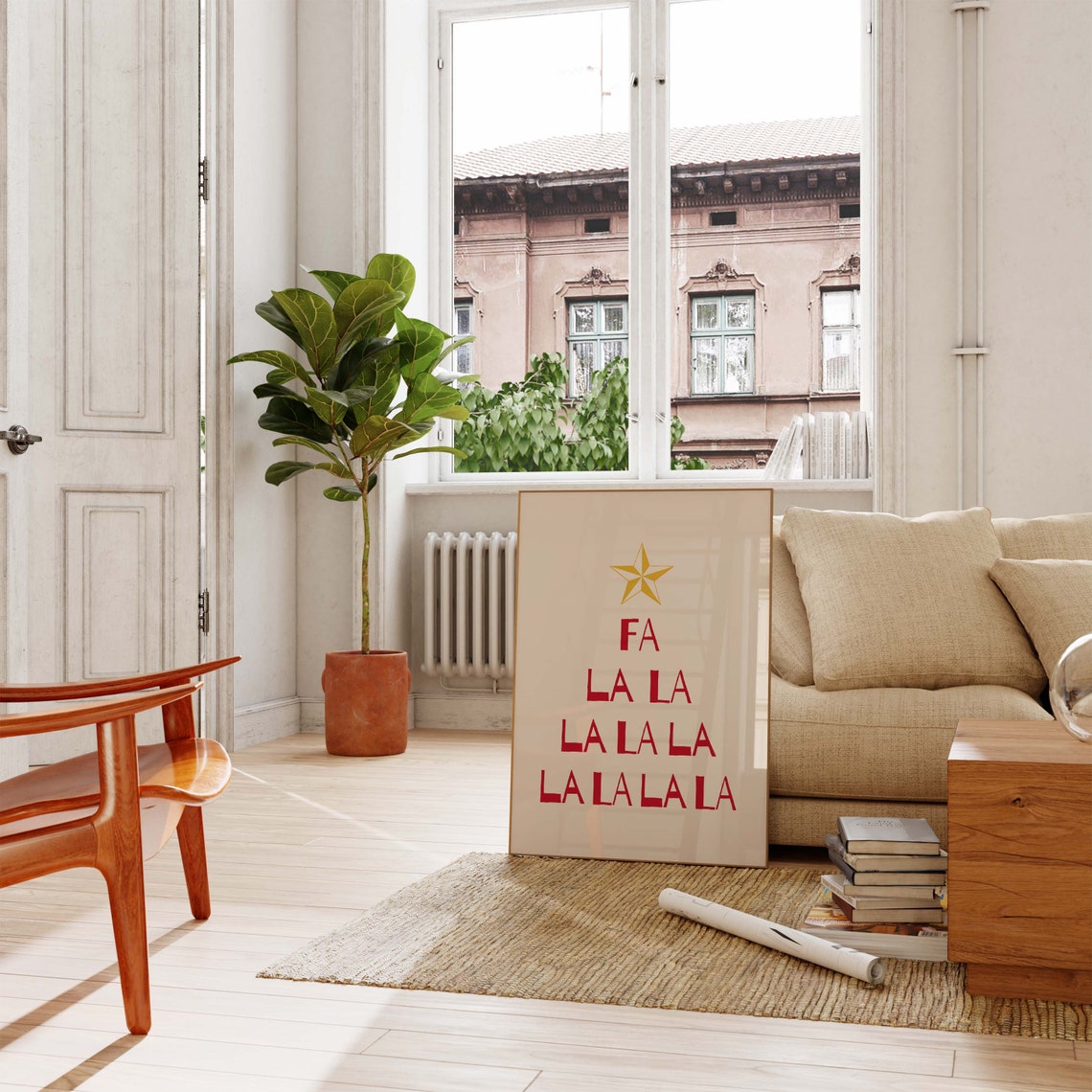 Fa La La Christmas Tree Red Typography Gold Star Holiday Decor Poster - Image 2