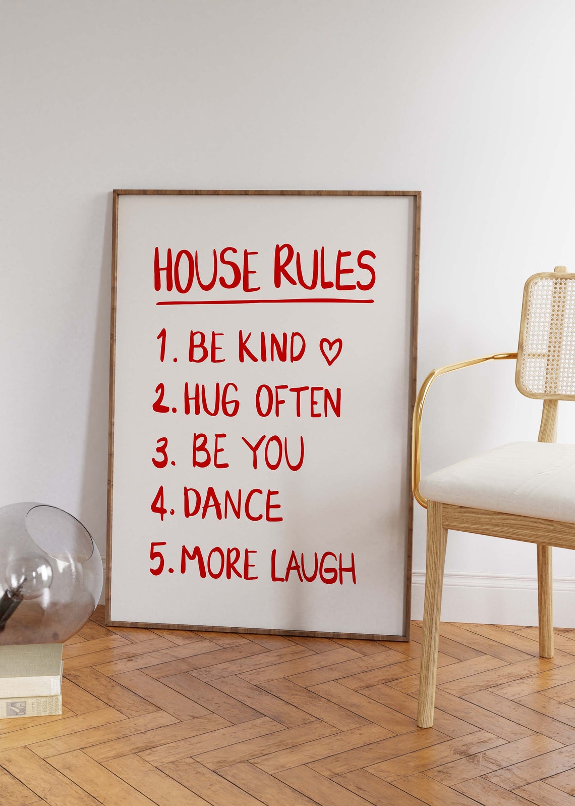 House Rules Red Retro Handwritten Quote Be Kind Dance Laugh Poster