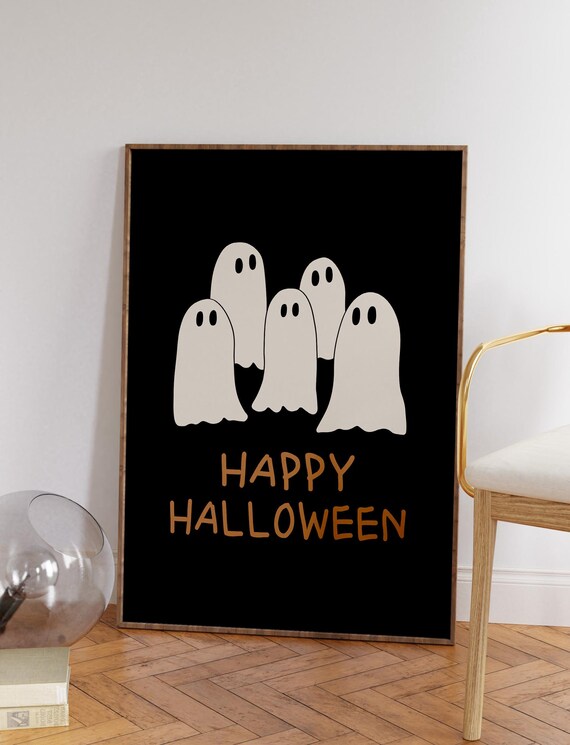 Trendy Happy Halloween Print Retro Preppy Halloween Wall Decor Spooky Cute Ghosts Poster Funky Funny Ghosts Apartment Print Art