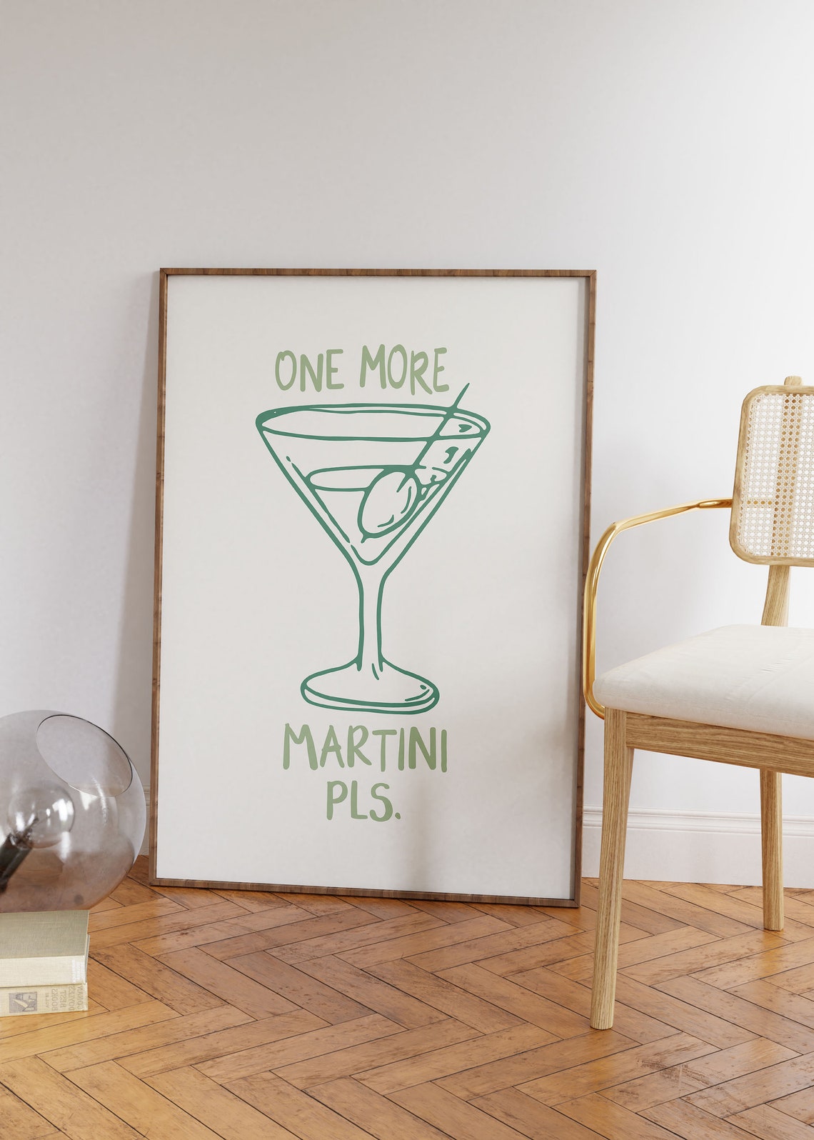 One More Martini Pls Sage Green Retro Cocktail Glass Art Poster