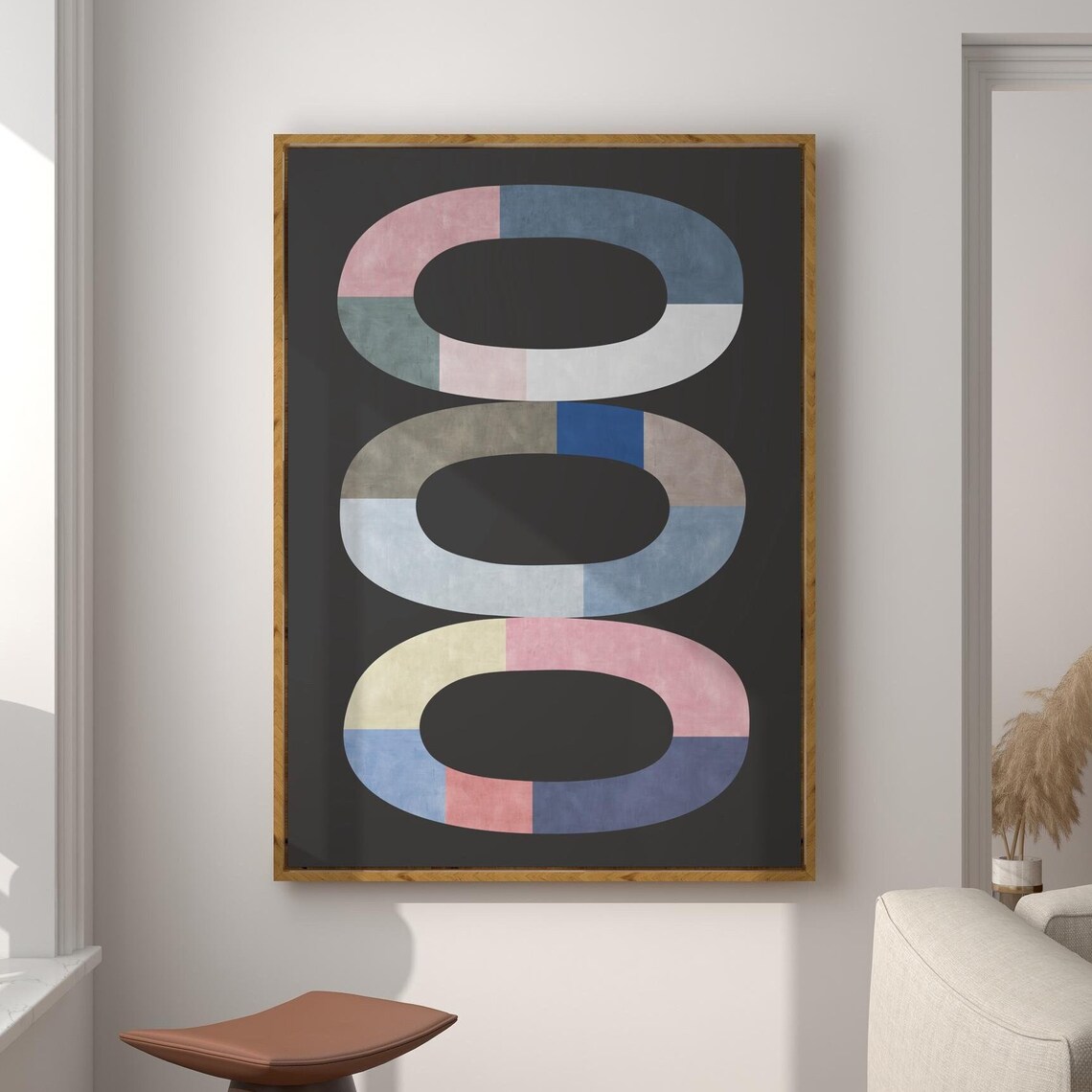 Pastel Color Block Triple Oval Rings Black Geometric Art Poster