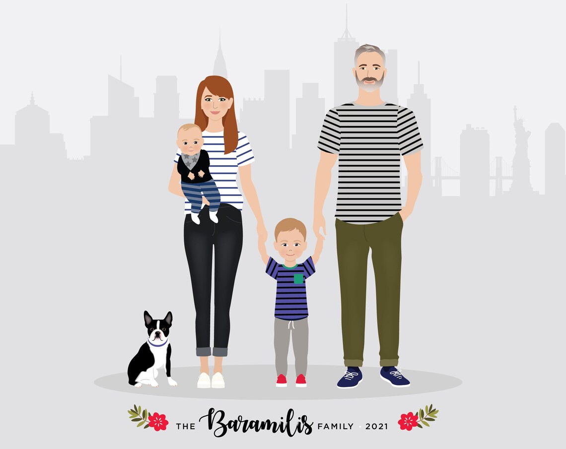 Modern City Family Portrait Illustration Baby Kids Dog Poster