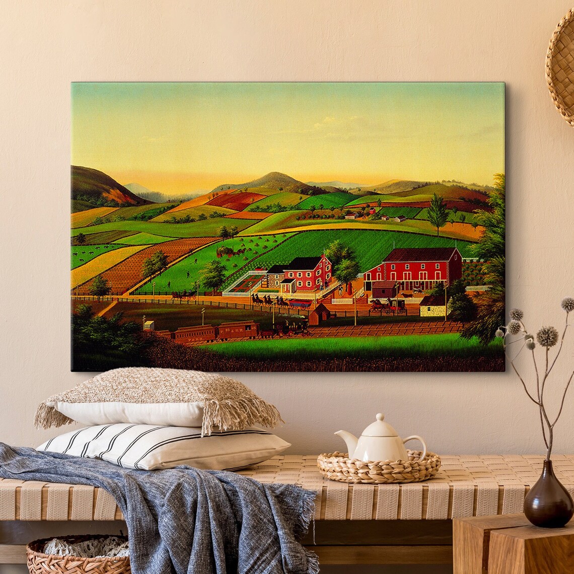 American Folk Art Farm Valley Red Barns Train Naive Landscape Poster