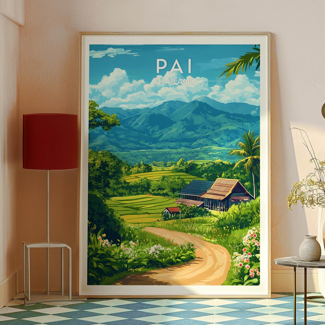Pai Thailand Lush Rice Paddy Mountain Valley Landscape Travel Poster - Image 2
