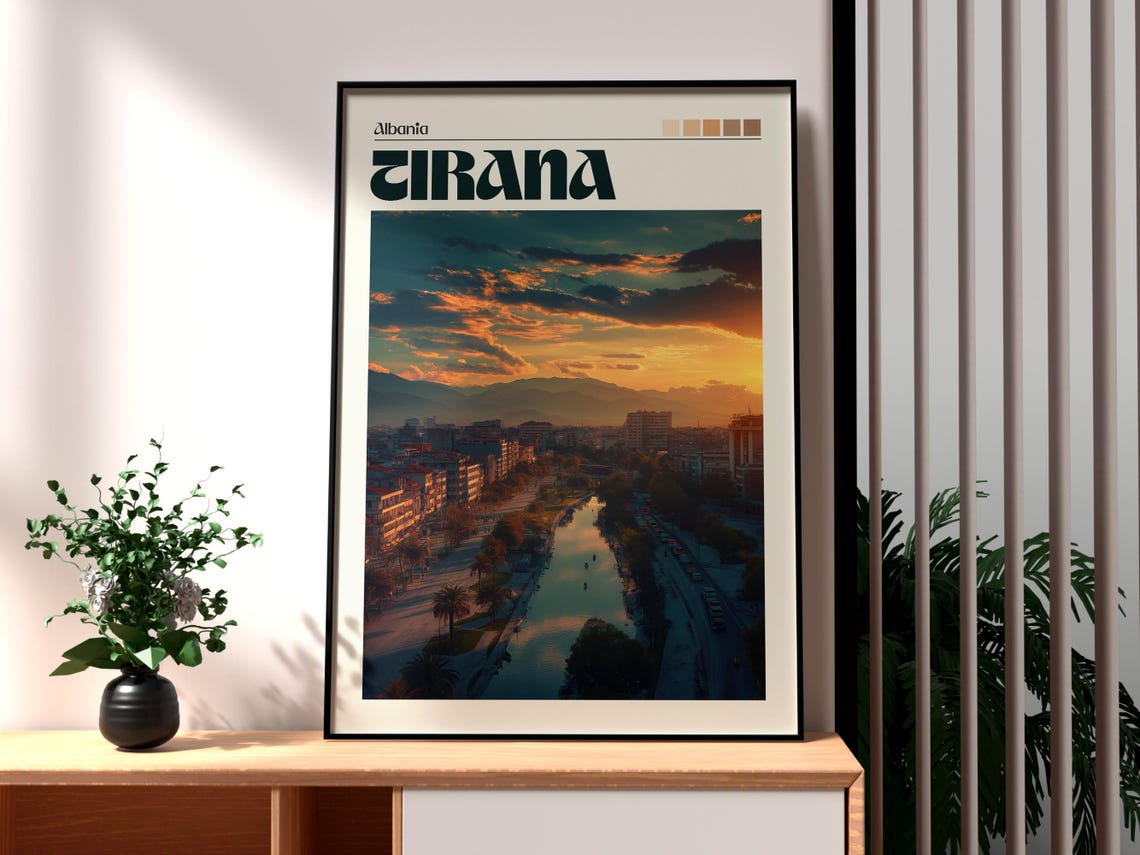 Tirana Albania City Sunset River Boulevard Mountain Travel Poster