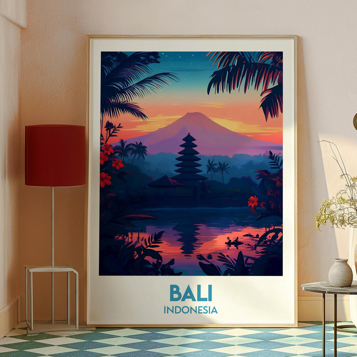 Bali Indonesia Volcano Sunset Lake Temple Silhouette Travel Poster - Image 2