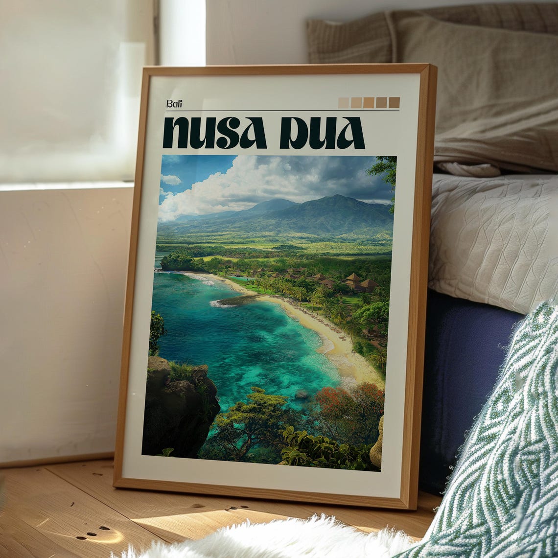 Nusa Dua Bali Turquoise Beach Cliffs Mountain View Travel Poster - Image 3