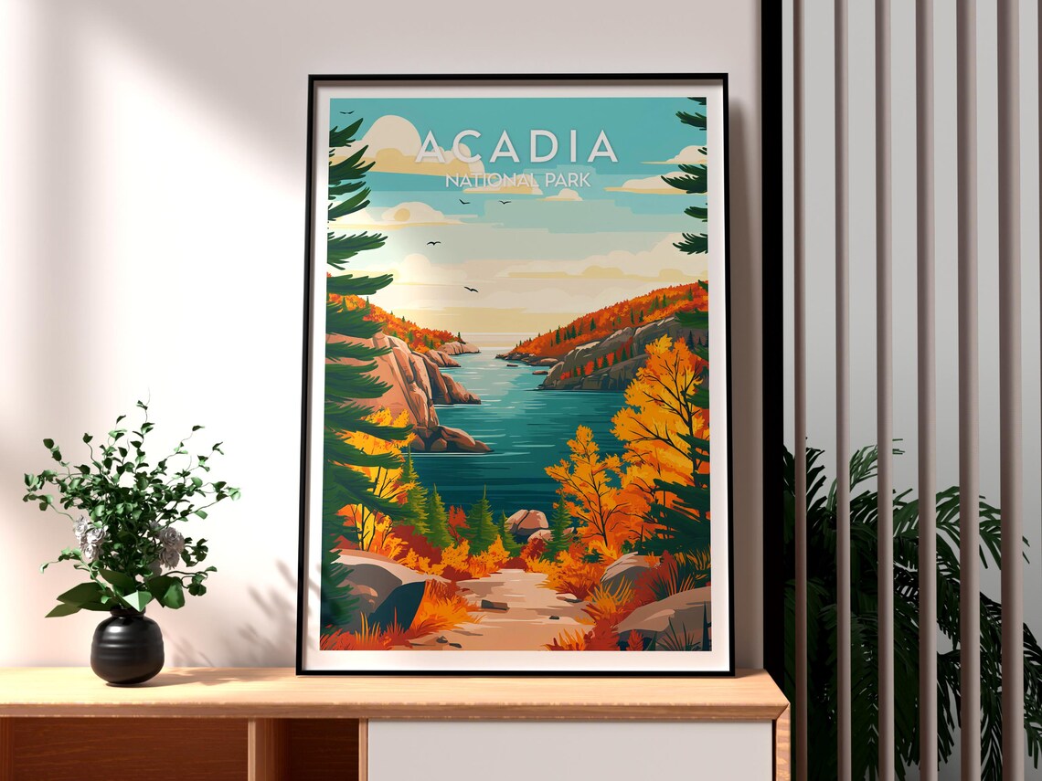 Acadia National Park Autumn Coast Maine Fall Foliage Travel Poster