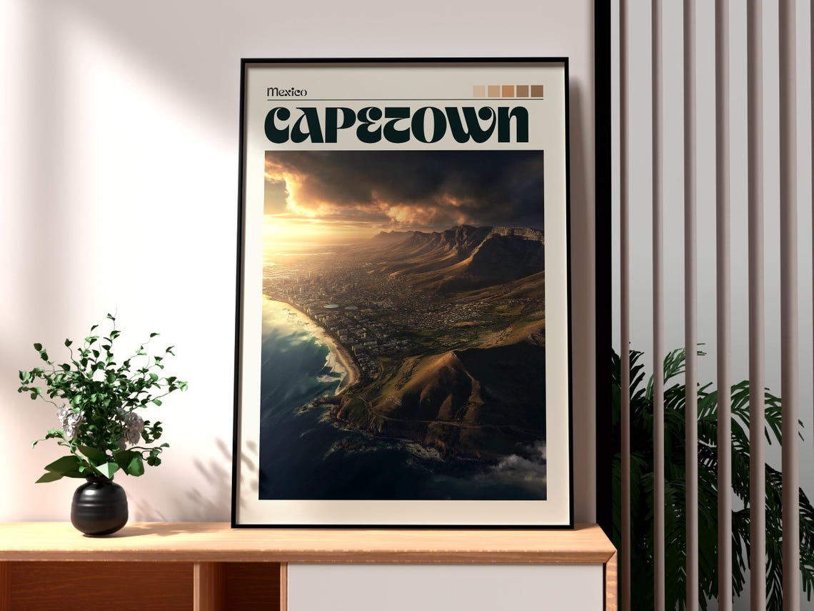 Cape Town South Africa Table Mountain Coast Sunset Travel Poster