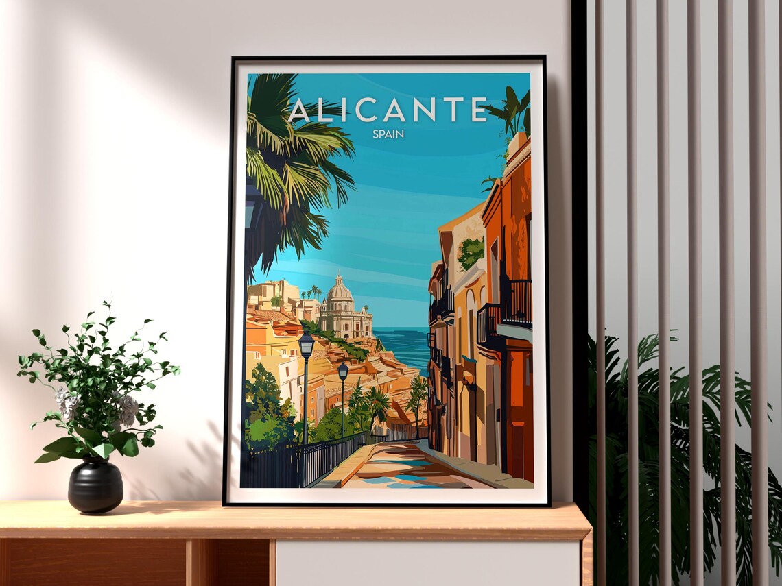Retro Alicante Spain Seaside Old Town Palm Street Travel Poster
