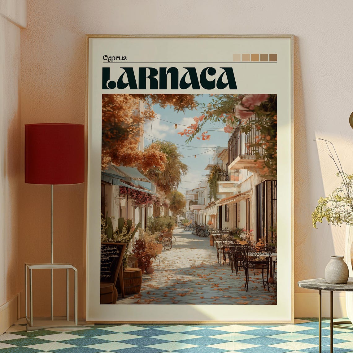 Larnaca Cyprus Charming Flower Old Town Street Cafes Scene Poster - Image 2