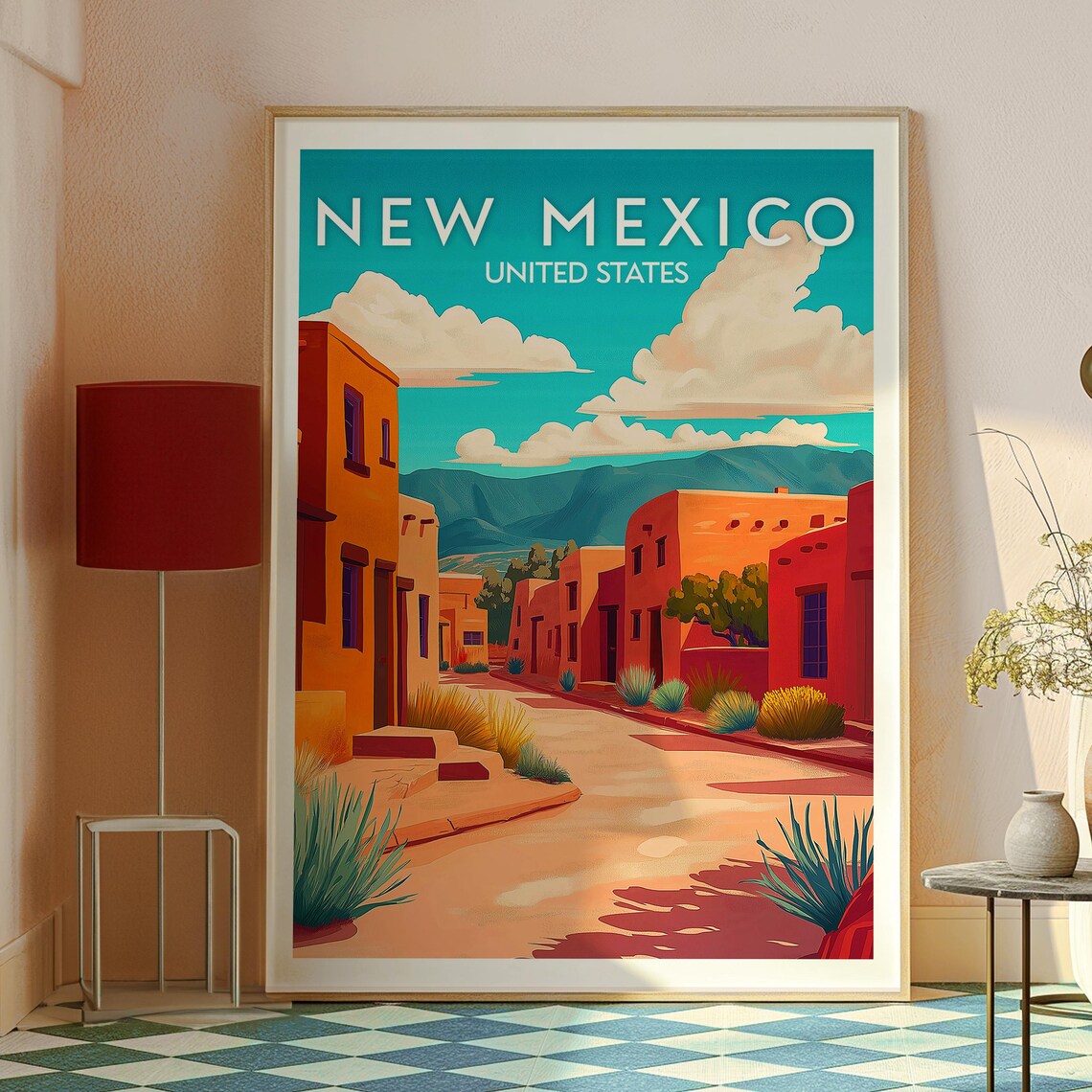 New Mexico Santa Fe Adobe Street Sunset Vintage Travel Poster - Image 2