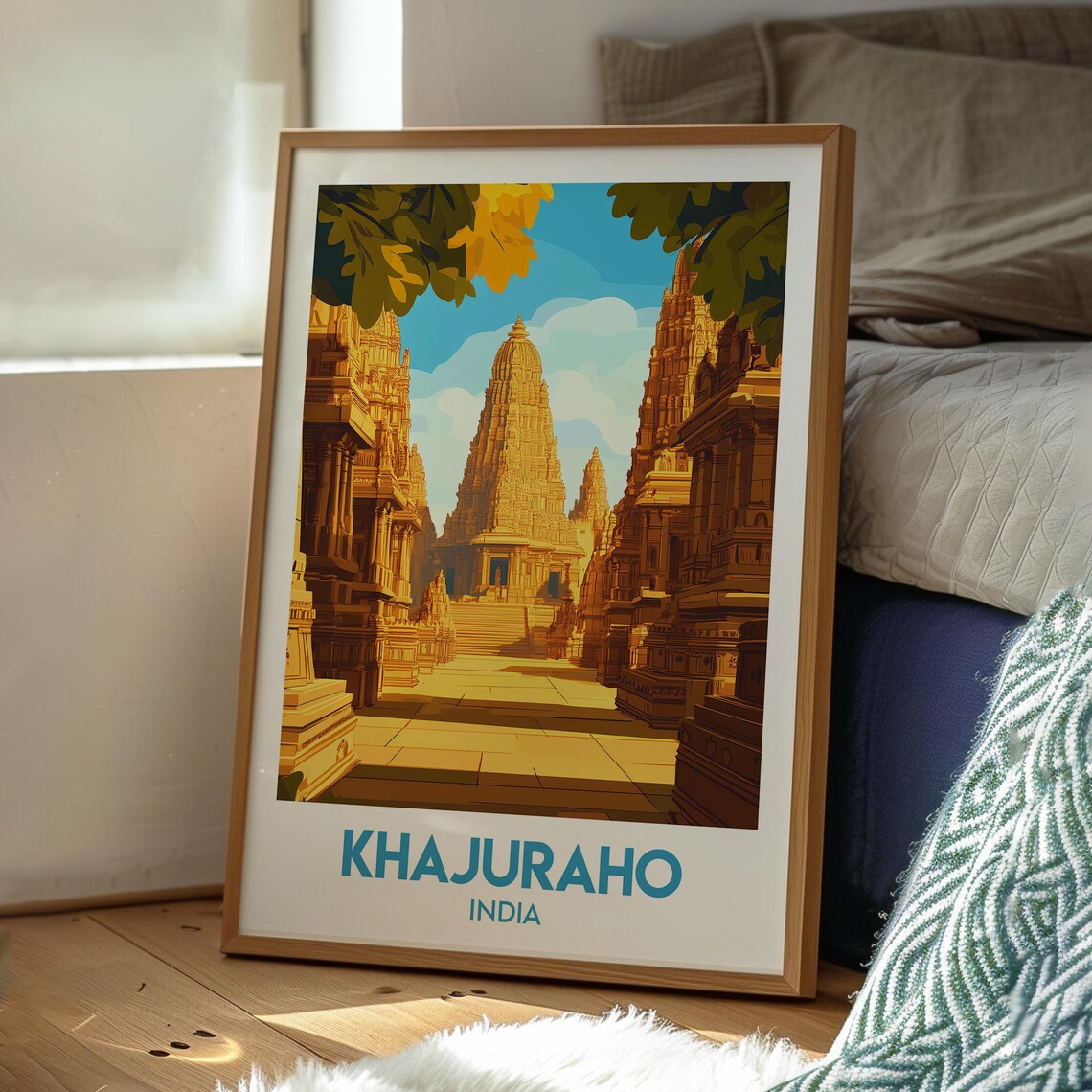 Khajuraho India Golden Ancient Temple Street Vintage Travel Art Poster - Image 3