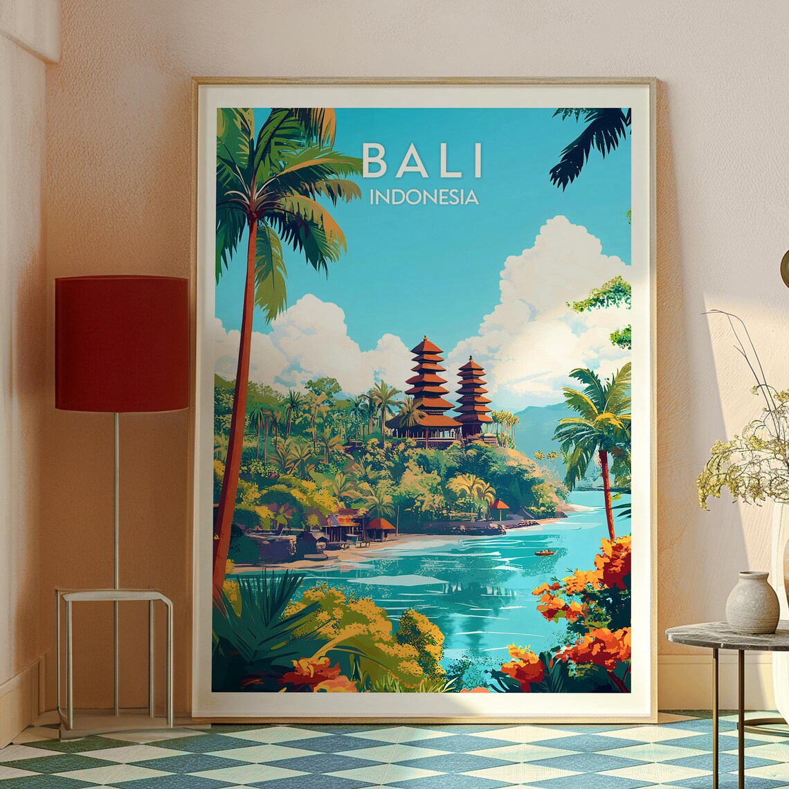 Bali Indonesia Tropical Temple Coastline Travel Illustration Poster - Image 2