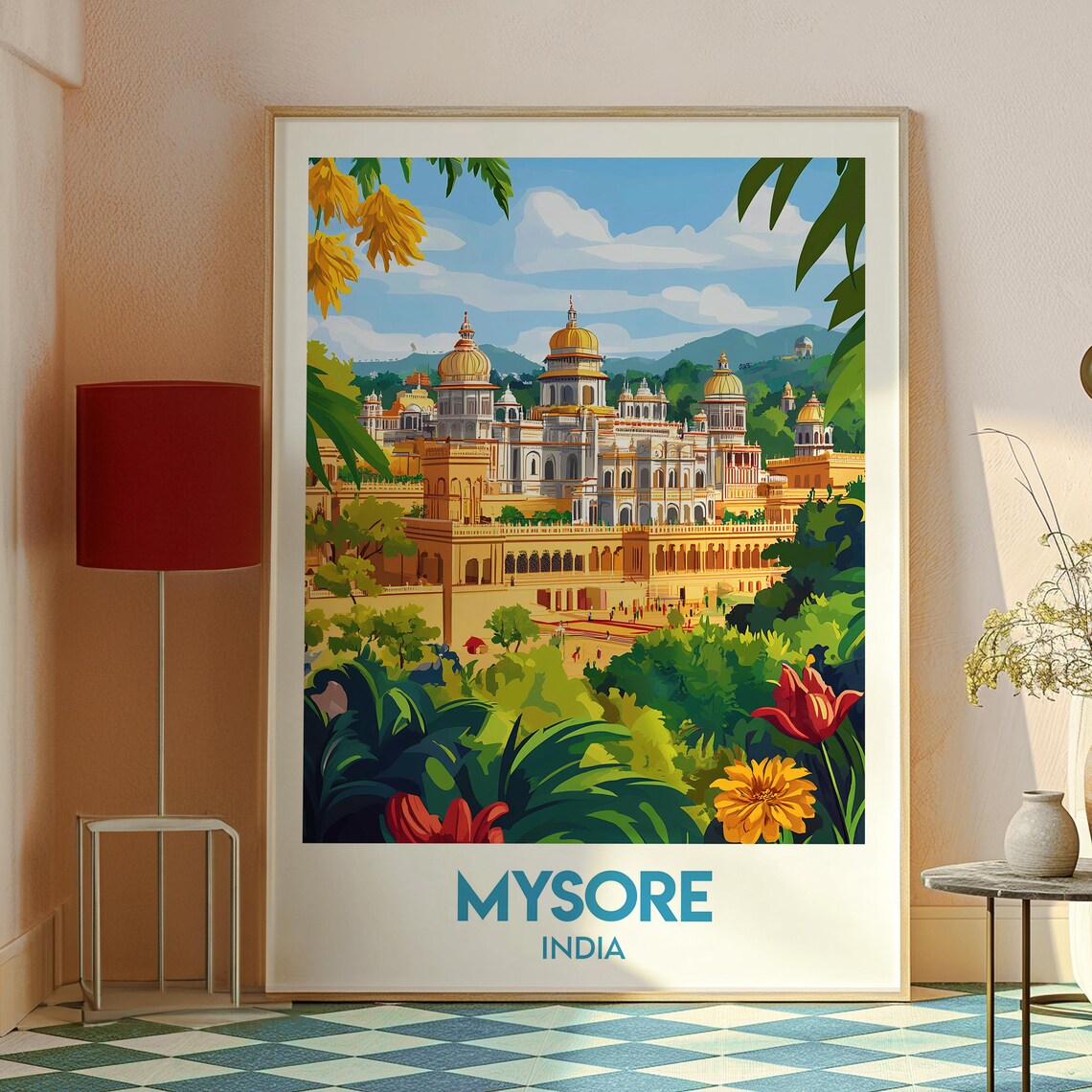 Mysore India Golden Palace Gardens Illustrated Travel Poster - Image 2
